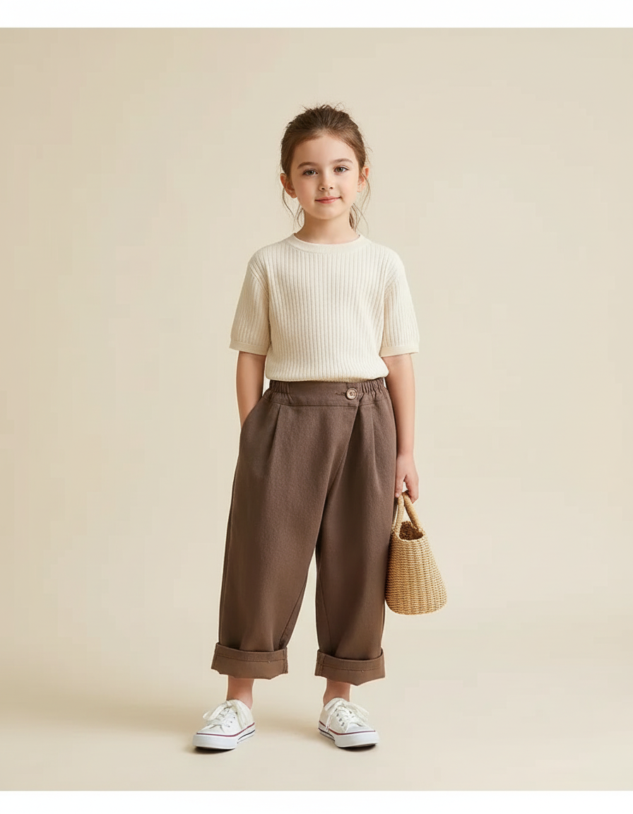 Pantalon Baggy Marron Coton Ample Décontracté Enfant