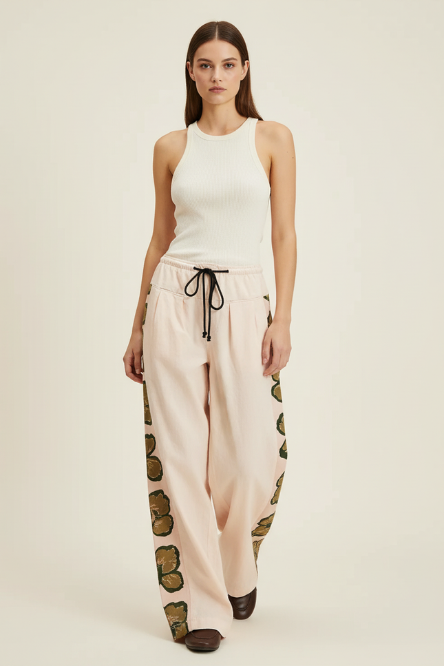 Pantalon Baggy Rose Imprimé Ample Fluide Décontracté - Viscose