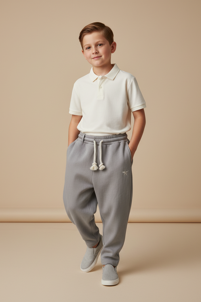 Pantalon Baggy Gris Molleton Brodé Décontracté Garçon