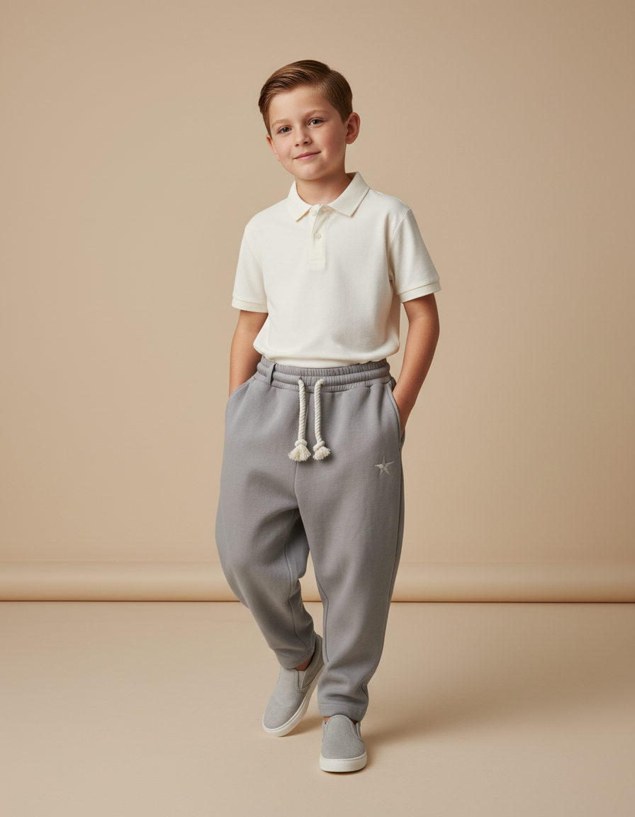 Pantalon Baggy Gris Molleton Brodé Décontracté Garçon