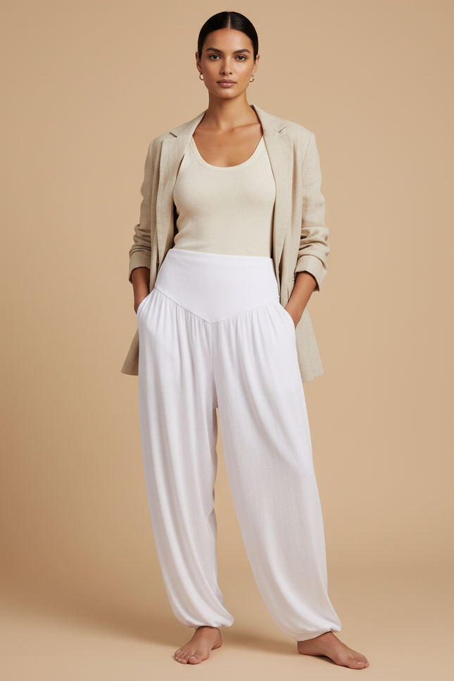 Pantalon Baggy Blanc Fluide Yoga Confortable Femme - Viscose