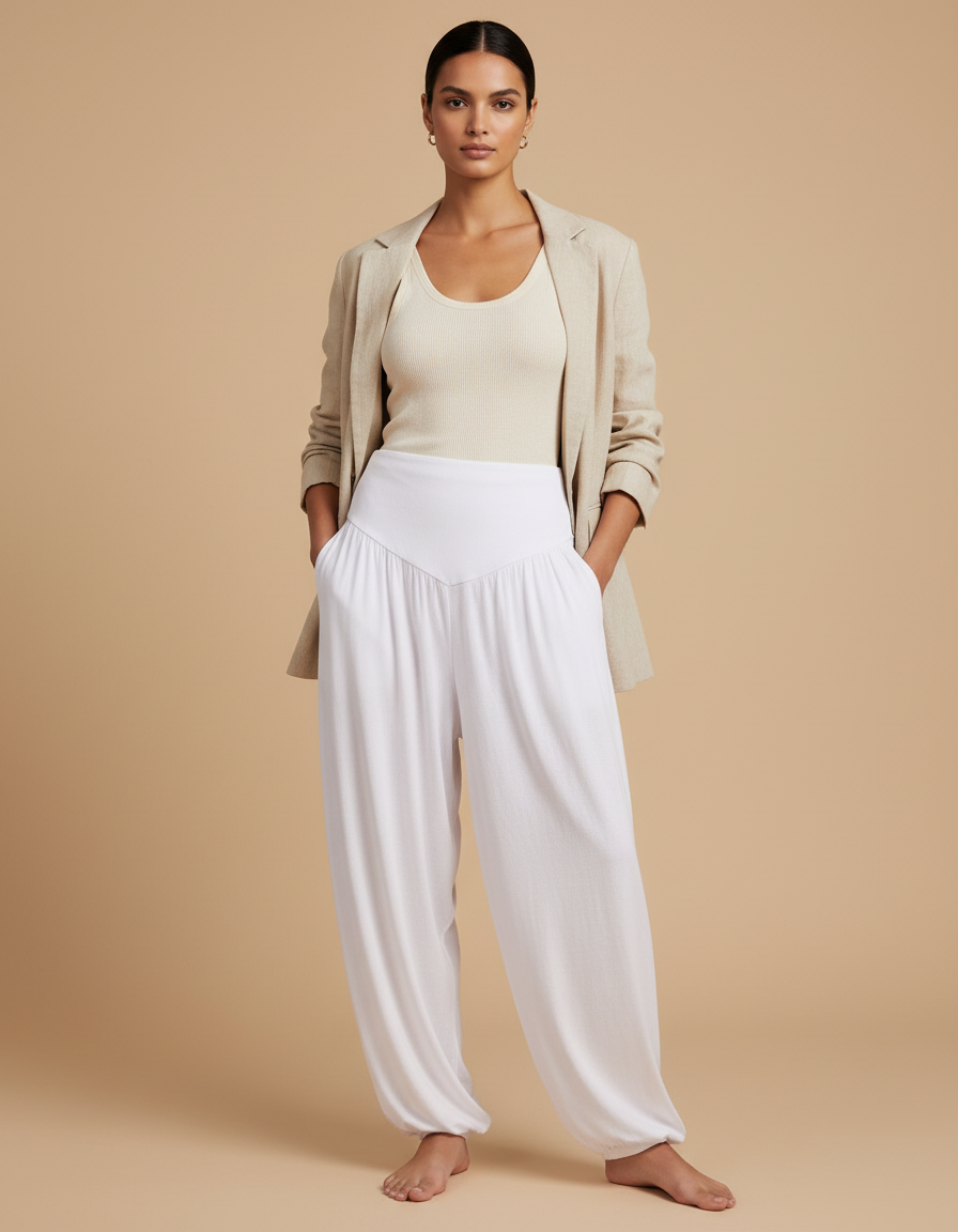 Pantalon Baggy Blanc Fluide Yoga Confortable Femme - Viscose