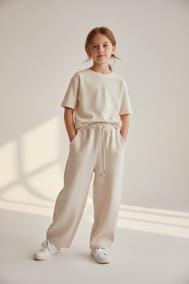 Pantalon Baggy Crème Ample Cordon Décontracté Enfant - Beige Molleton