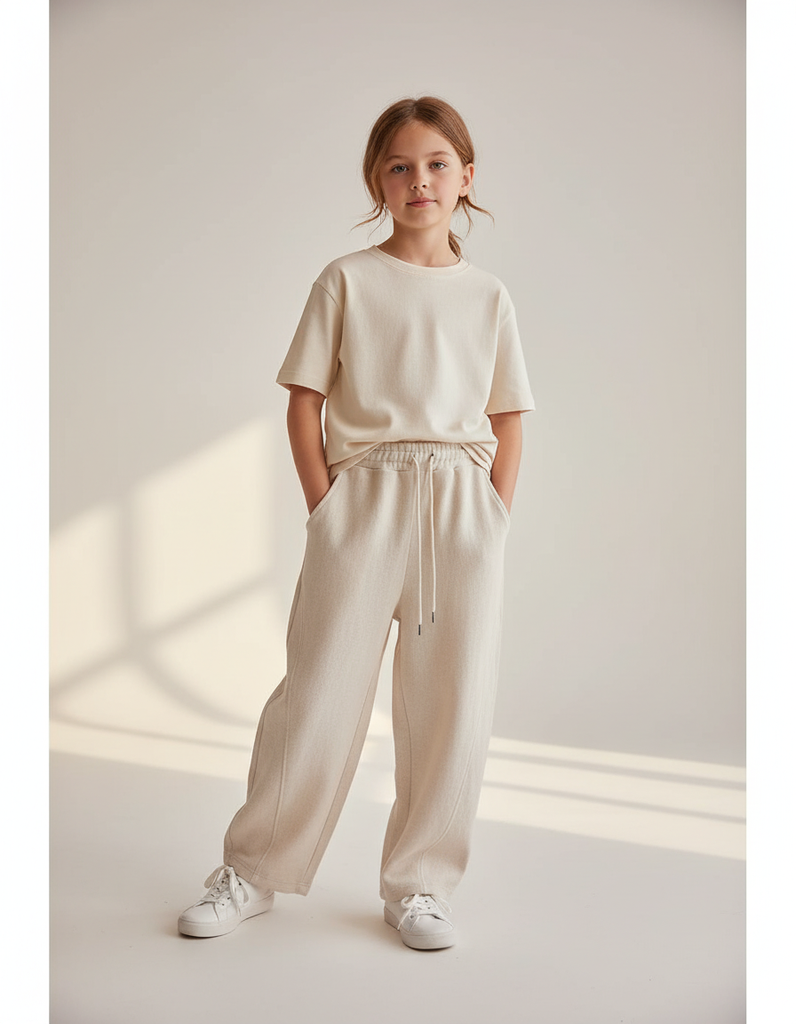 Pantalon Baggy Crème Ample Cordon Décontracté Enfant - Beige Molleton