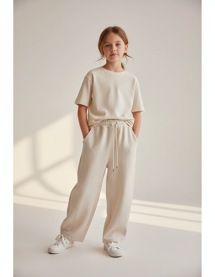 Pantalon Baggy Crème Ample Cordon Décontracté Enfant - Beige Molleton