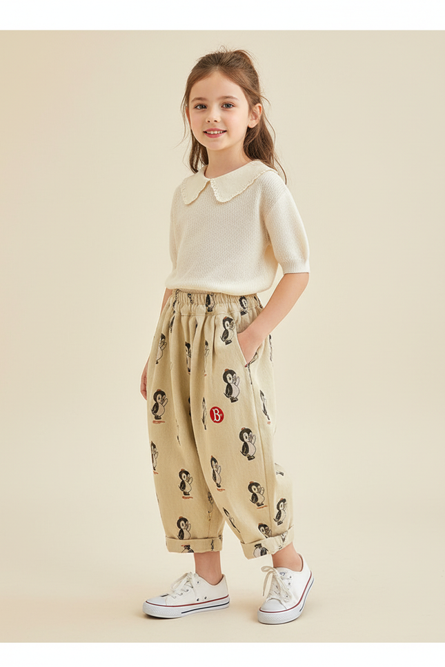 Pantalon Baggy Beige Ample Motif Pingouin Confortable - Toile