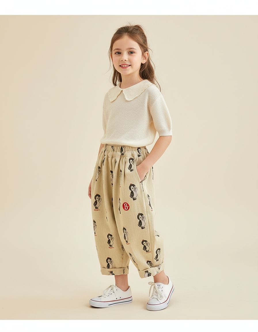 Pantalon Baggy Beige Ample Motif Pingouin Confortable - Toile