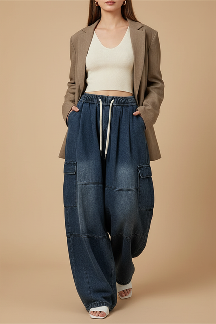 Pantalon Baggy Femme Bleu Cargo - Jean