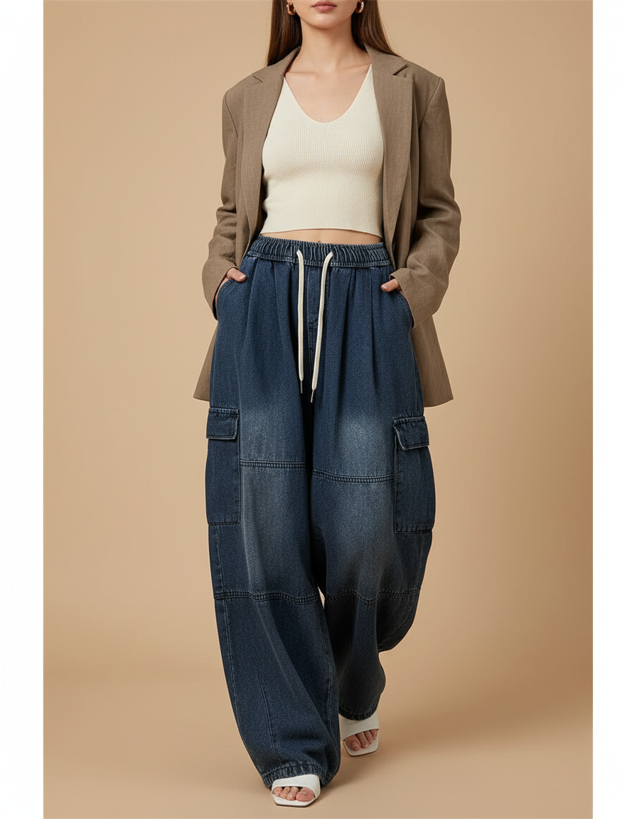 Pantalon Baggy Femme Bleu Cargo - Jean