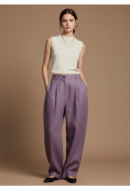 Pantalon Baggy Violet Ample Lin Élégant Femme