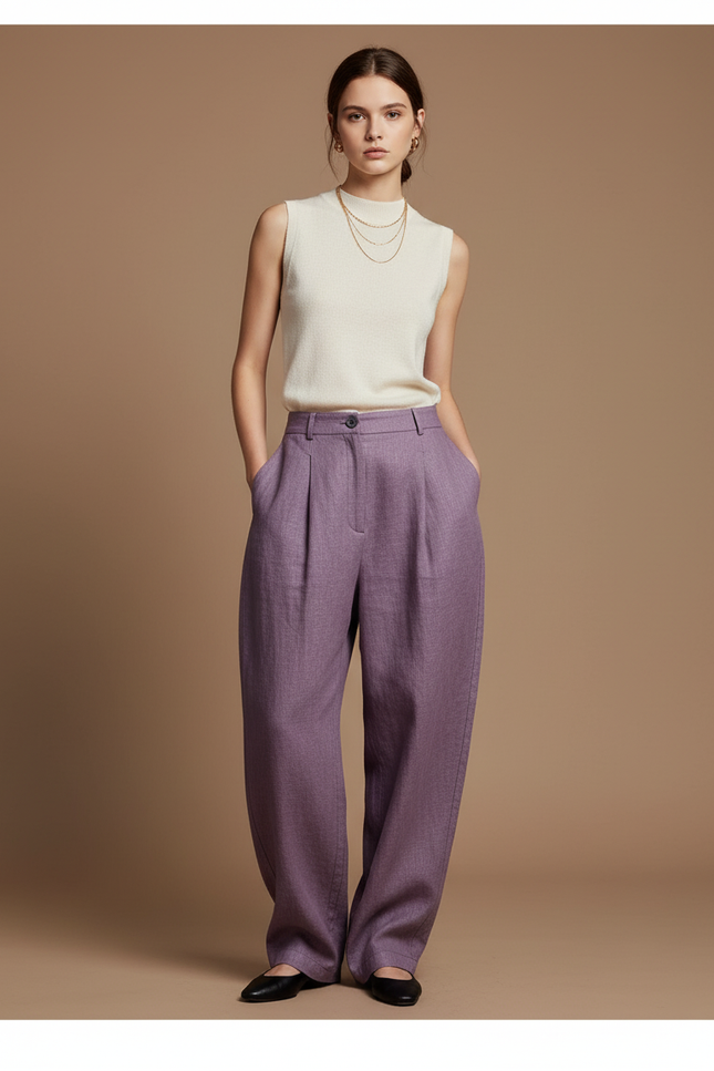 Pantalon Baggy Violet Ample Lin Élégant Femme
