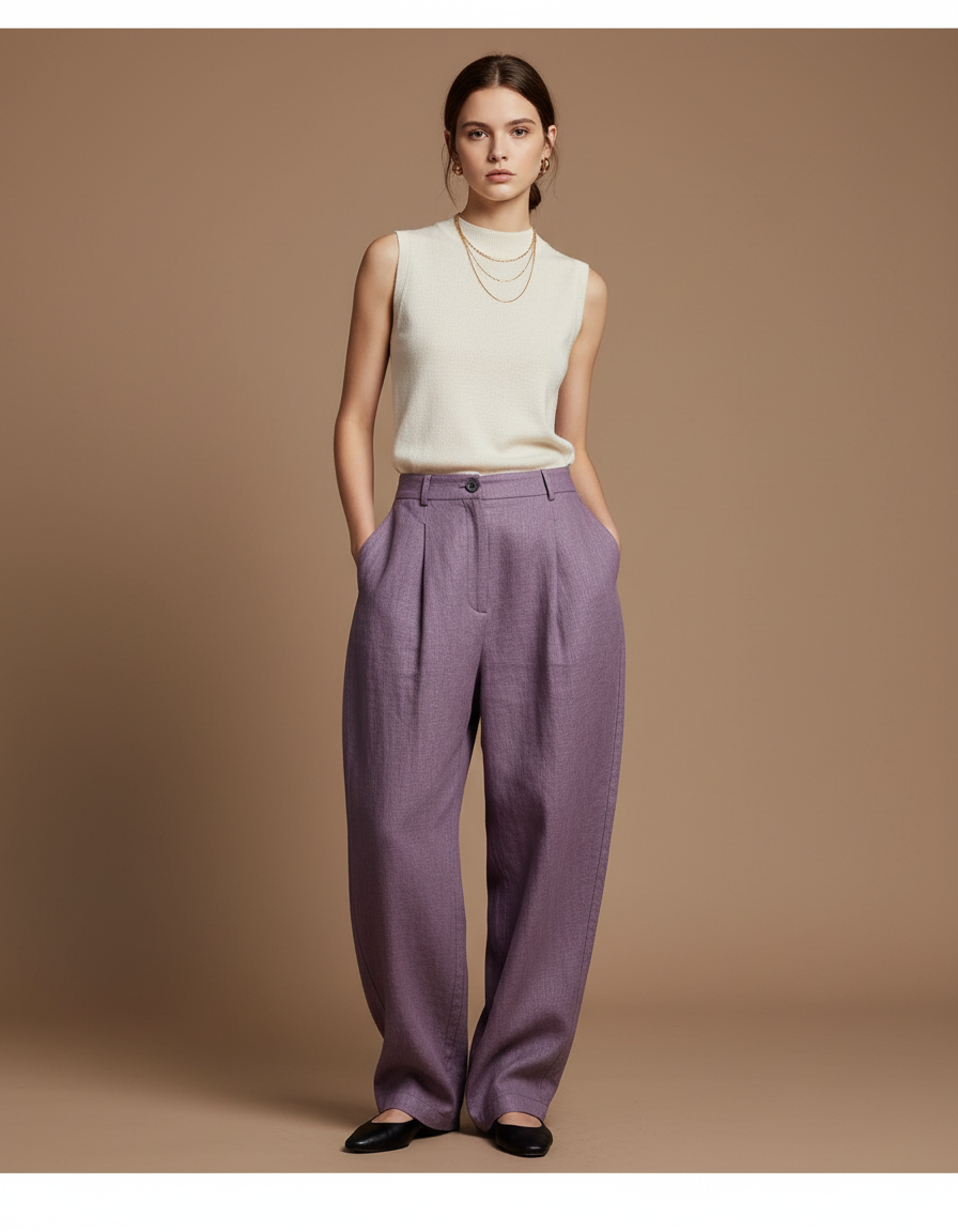 Pantalon Baggy Violet Ample Lin Élégant Femme