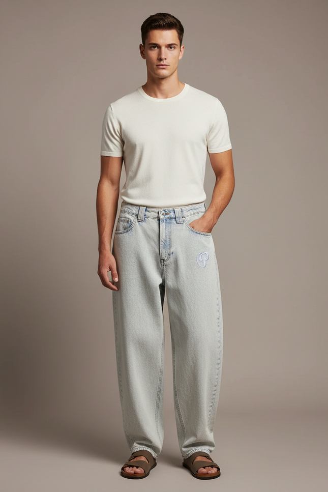 Pantalon Baggy Jean Bleu Clair Brodé Ample Décontracté