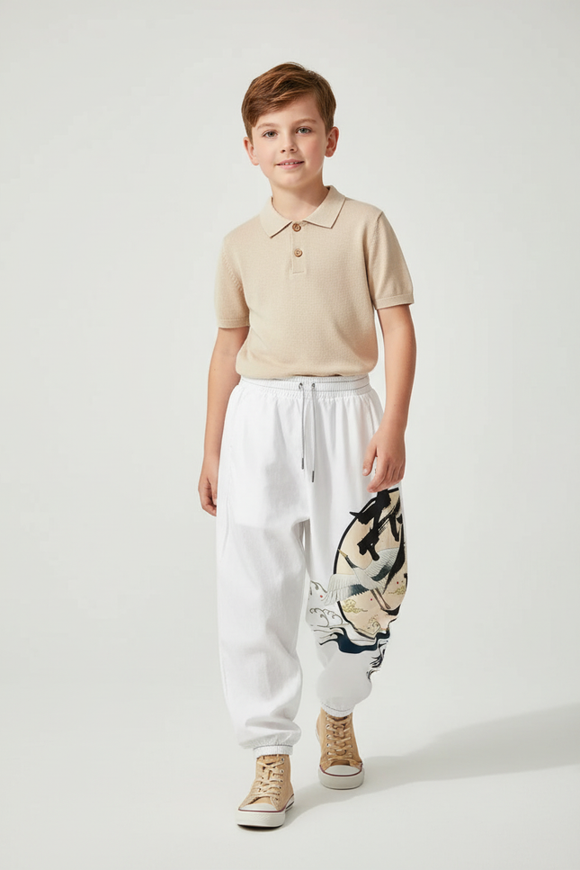 Pantalon Baggy Blanc Imprimé Japonais Ample Cordon Garçon - Molleton