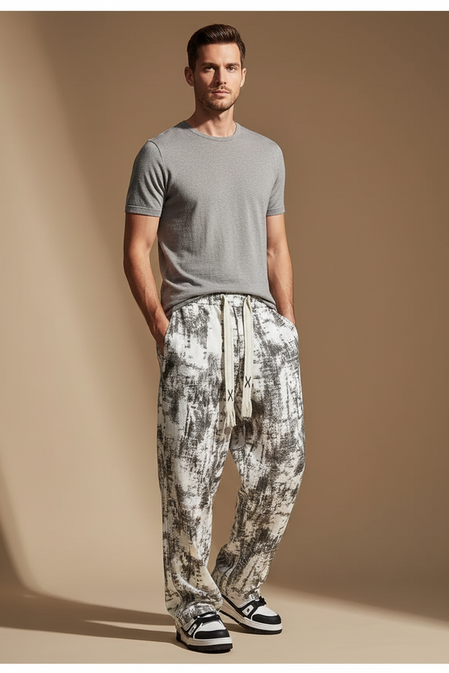 Pantalon Baggy Blanc Noir Imprimé Ample Cordon Homme - Lin