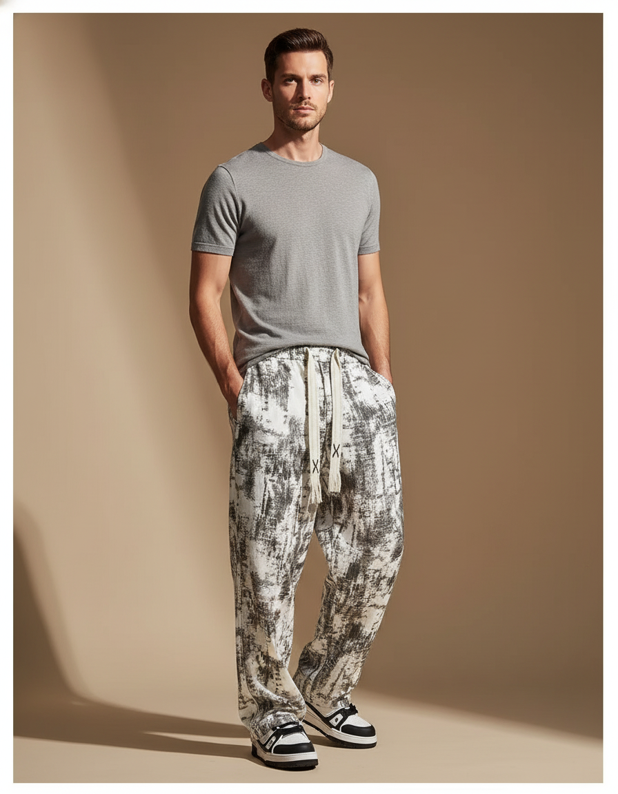 Pantalon Baggy Blanc Noir Imprimé Ample Cordon Homme - Lin