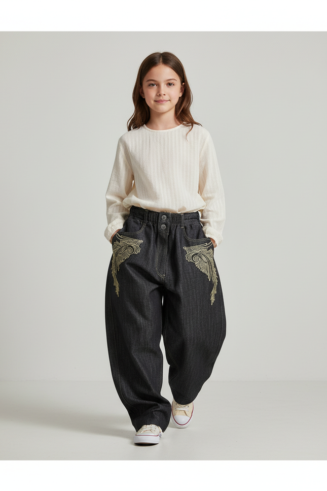 Pantalon Baggy Denim Noir Brodé Ample Enfant - Jean
