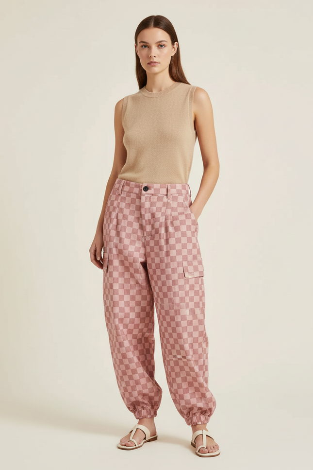 Pantalon Baggy Carreaux Roses Ample Confortable Élastiqué - Coton