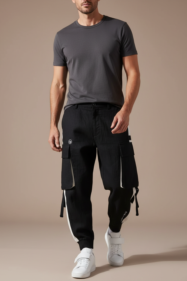 Pantalon Baggy Noir Cargo Bandes Blanches Décontracté Homme - Toile