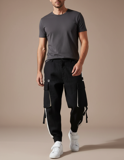 Pantalon Baggy Noir Cargo Bandes Blanches Décontracté Homme - Toile