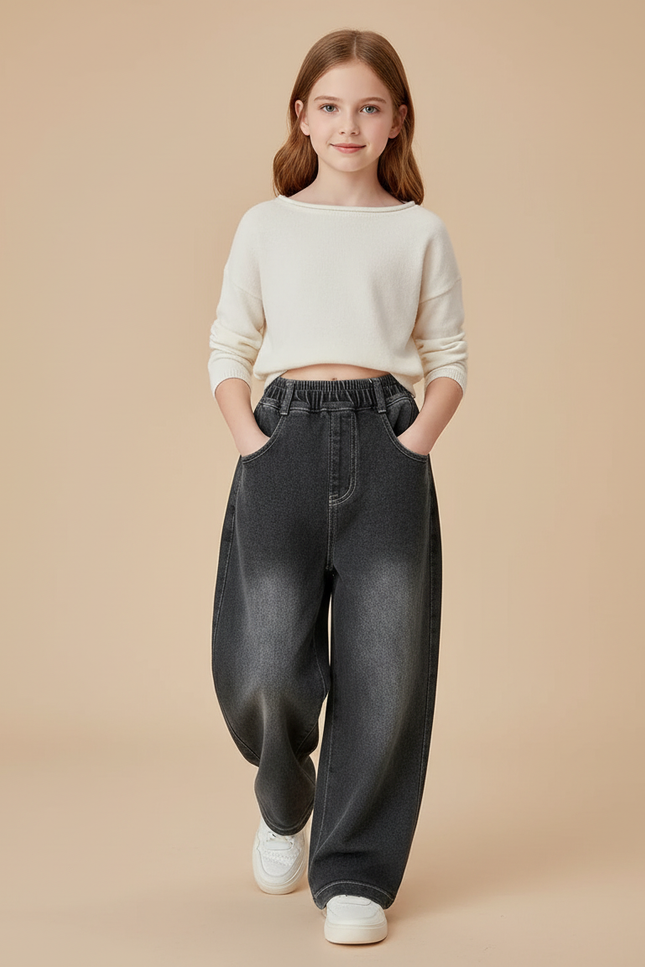 Pantalon Baggy Denim Gris Ample Élastiqué Fille - Jean