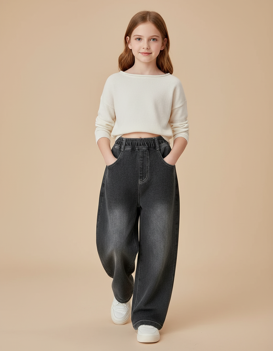 Pantalon Baggy Denim Gris Ample Élastiqué Fille - Jean