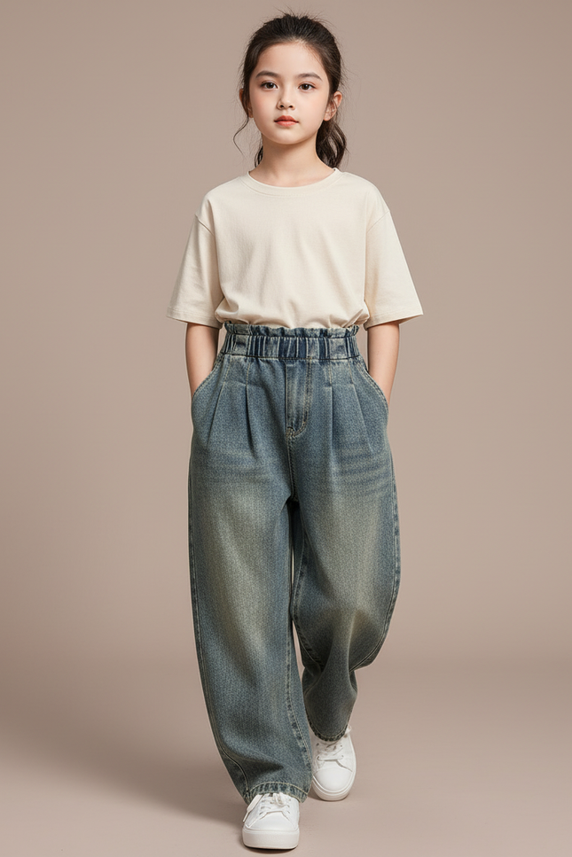 Pantalon Baggy Jean Ample Taille Haute Fille - Bleu