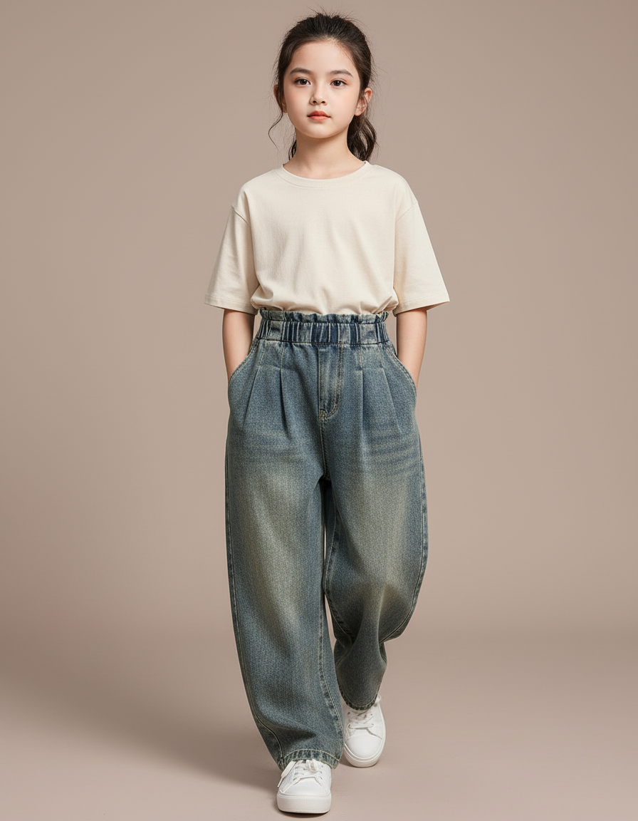 Pantalon Baggy Jean Ample Taille Haute Fille - Bleu