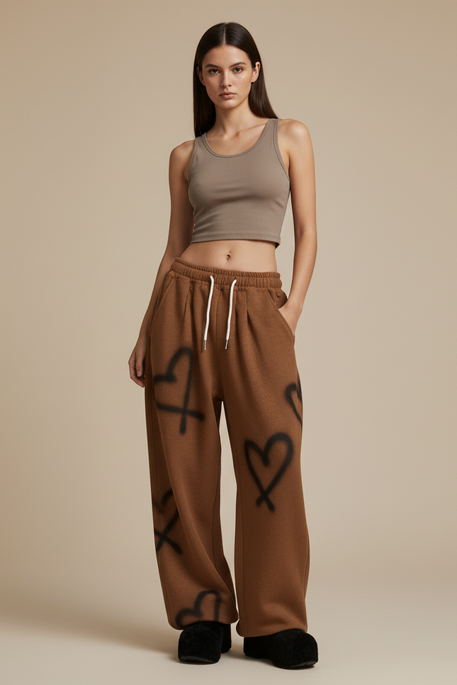 Pantalon Baggy Marron Cœurs Ample Molletonné Femme