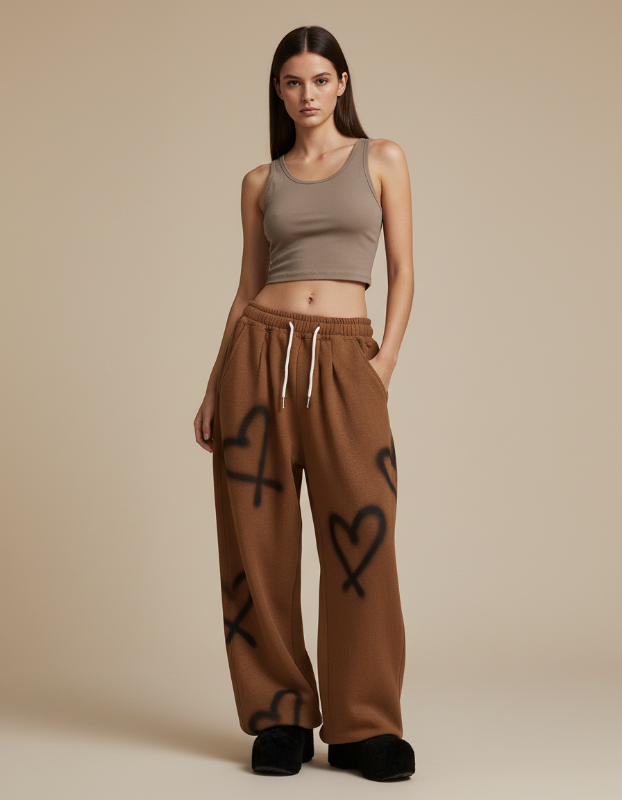 Pantalon Baggy Marron Cœurs Ample Molletonné Femme