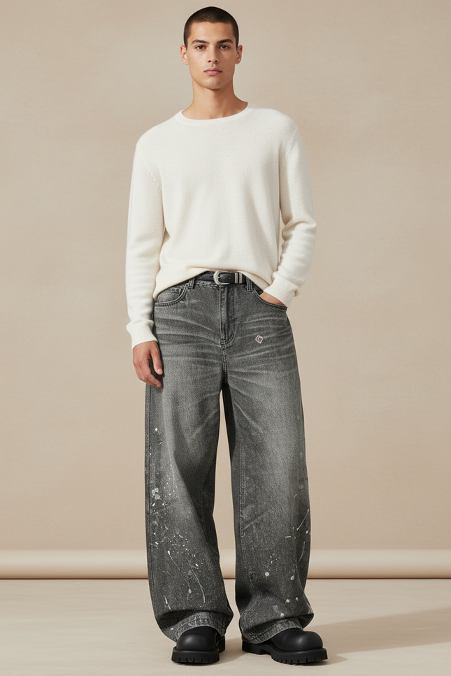 Pantalon Baggy Gris Délavé Ample Peint Homme - Jean