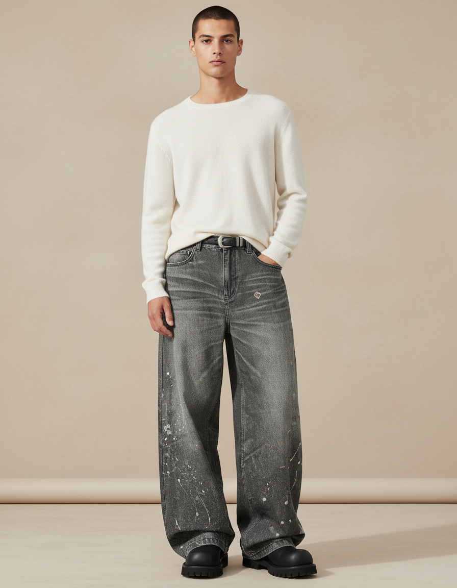 Pantalon Baggy Gris Délavé Ample Peint Homme - Jean