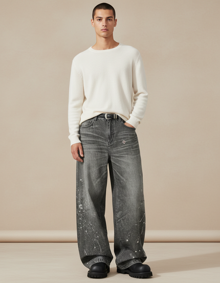 Pantalon Baggy Gris Délavé Ample Peint Homme - Jean