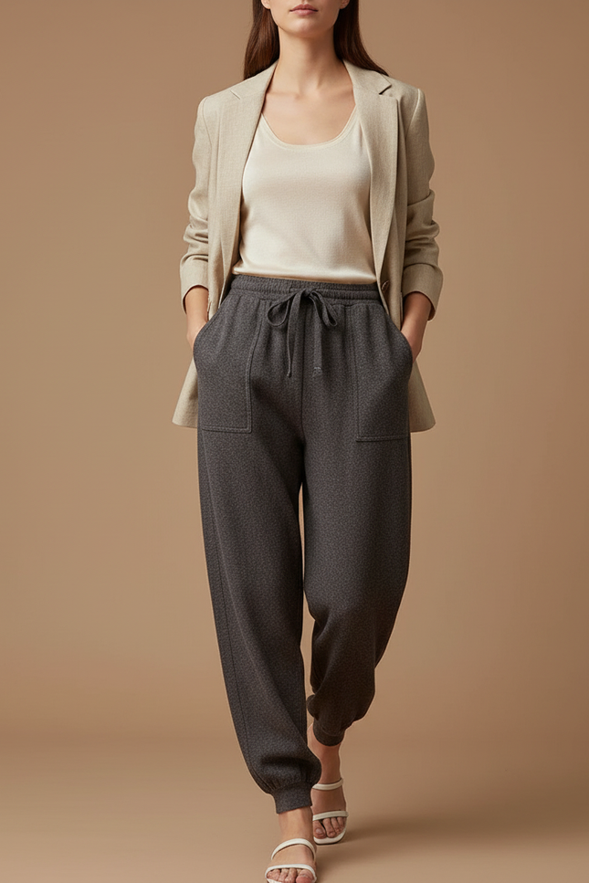 Pantalon Baggy Gris Foncé Laine Molletonné Ample Femme