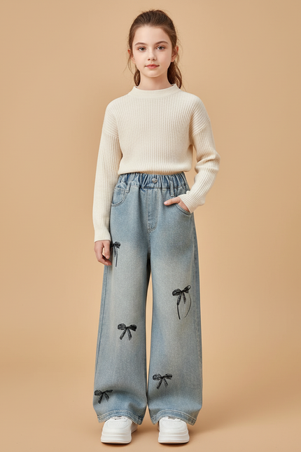 Pantalon Baggy Denim Bleu Ample Nœuds Noirs - Jean