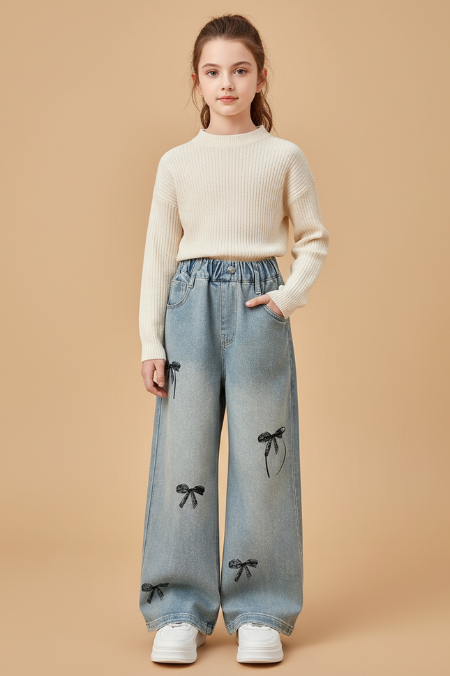 Pantalon Baggy Denim Bleu Ample Nœuds Noirs - Jean