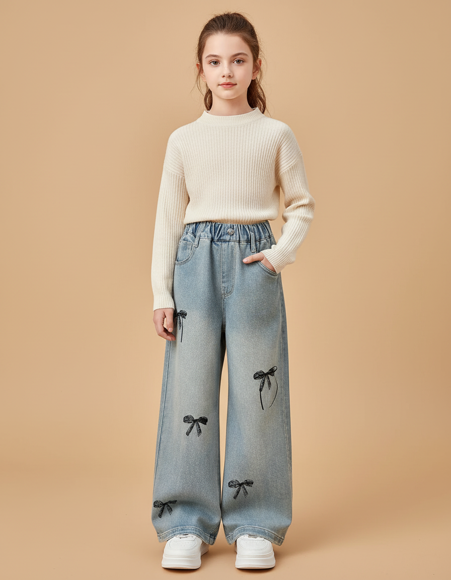 Pantalon Baggy Denim Bleu Ample Nœuds Noirs - Jean