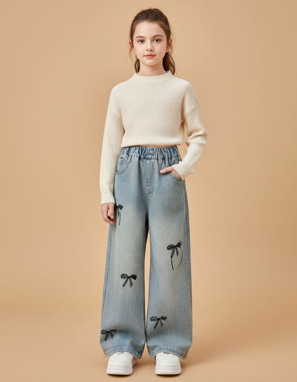 Pantalon Baggy Denim Bleu Ample Nœuds Noirs - Jean