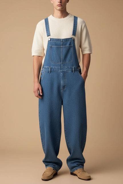Pantalon Baggy Jean Bleu Bretelles Ample Casual