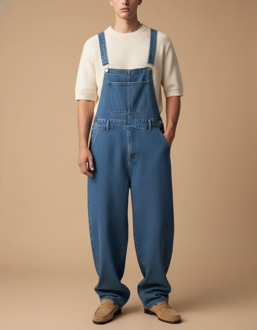 Pantalon Baggy Jean Bleu Bretelles Ample Casual