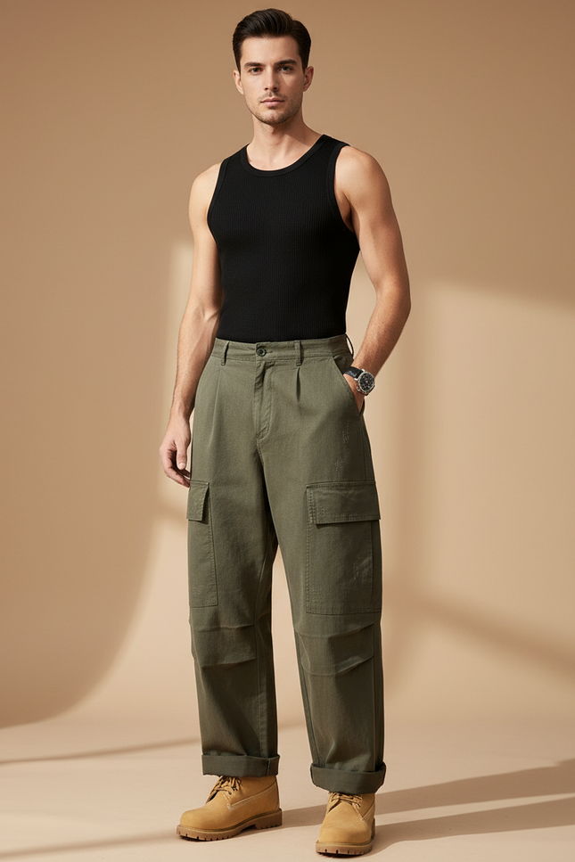 Pantalon Baggy Cargo Vert Ample Coton Décontracté Homme - Kaki Toile
