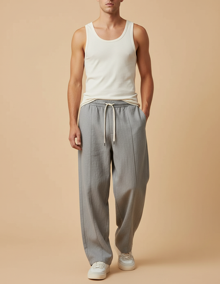 Pantalon Baggy Gris Ample Cordon Décontracté Fluide - Polyester