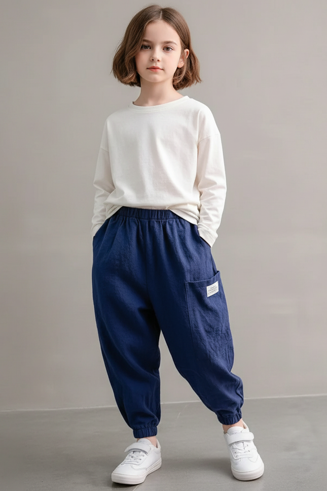 Pantalon Baggy Bleu Marine Ample Coton Lin Enfant