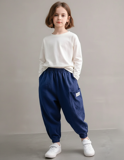 Pantalon Baggy Bleu Marine Ample Coton Lin Enfant
