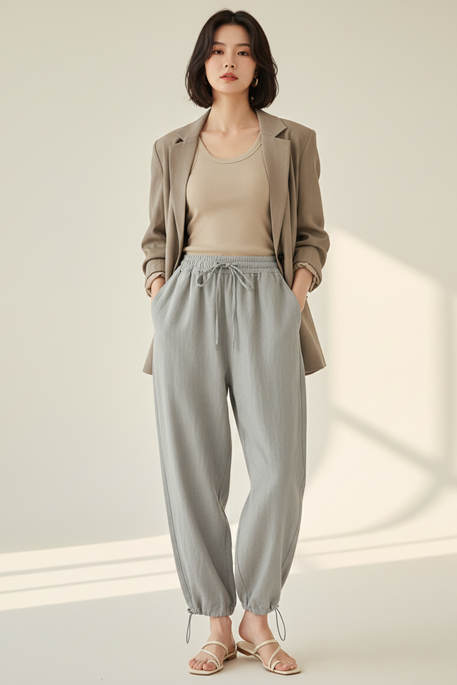 Pantalon Baggy Gris Cordon Lin Ample Décontracté Femme