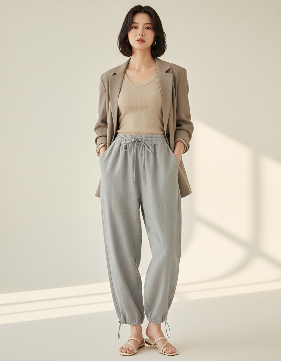 Pantalon Baggy Gris Cordon Lin Ample Décontracté Femme