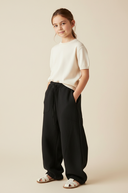 Pantalon Baggy Noir Ample Coton Cordon Décontracté Enfant - Molleton
