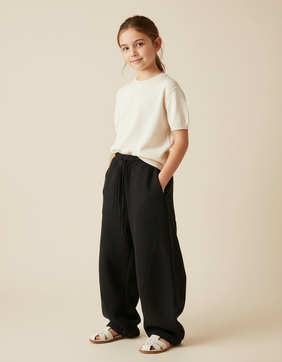Pantalon Baggy Noir Ample Coton Cordon Décontracté Enfant - Molleton