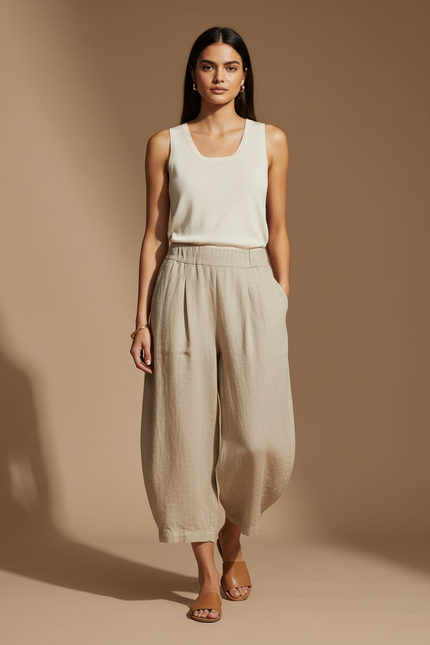Pantalon Baggy Beige Lin Ample Décontracté Fluide