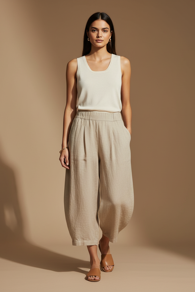 Pantalon Baggy Beige Lin Ample Décontracté Fluide
